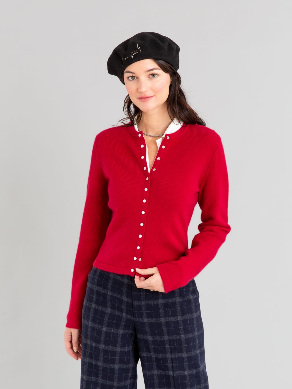 cherry red cashmere Le Petit snap cardigan