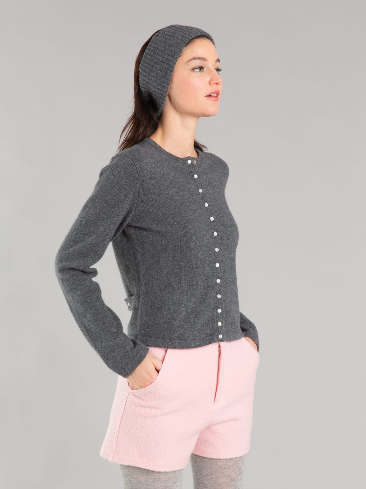 mottled grey cashmere Le Petit snap cardigan