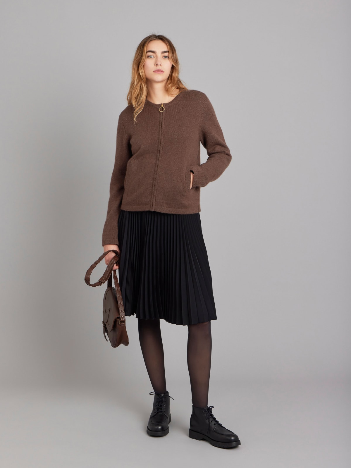 brown cashmere Zip cardigan