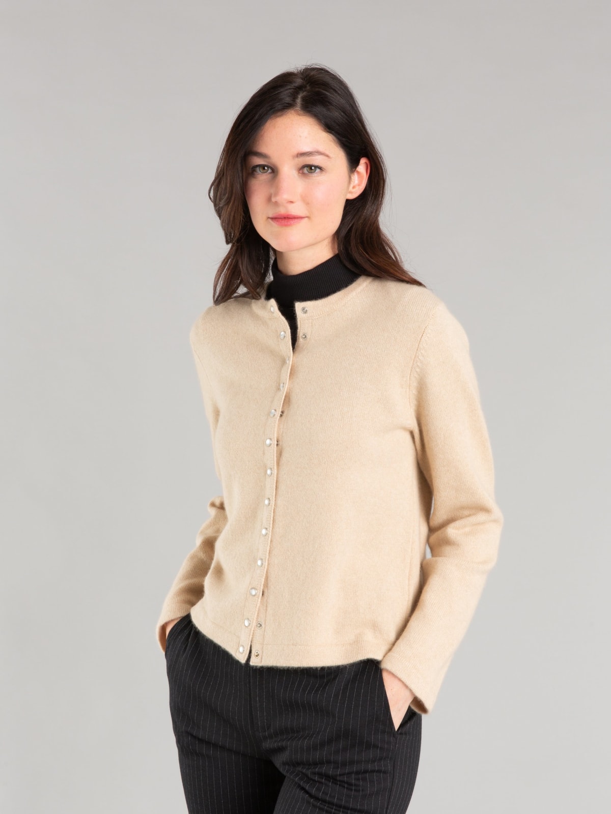 beige cashmere snap cardigan