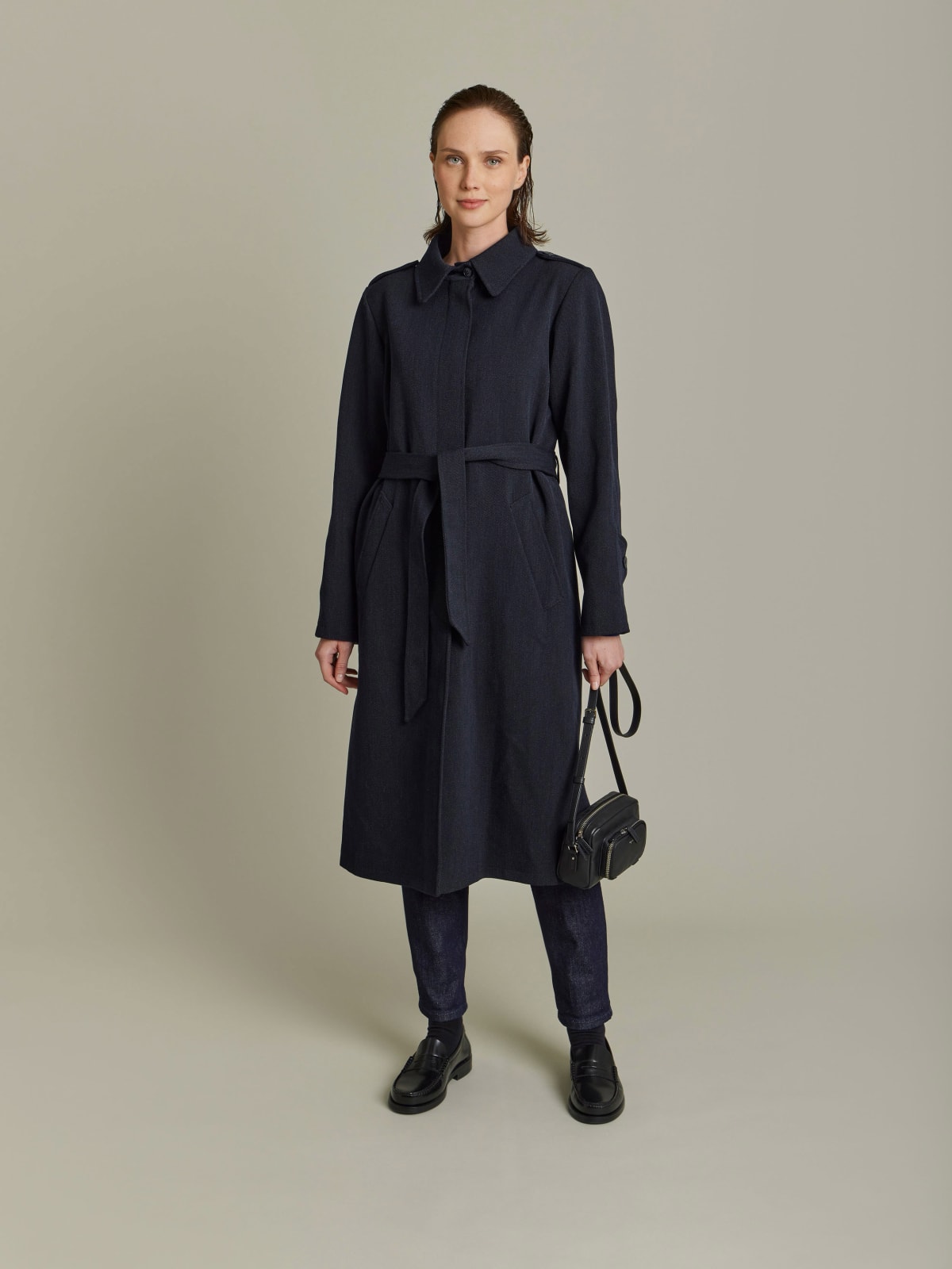 black wool tricotine trench coat