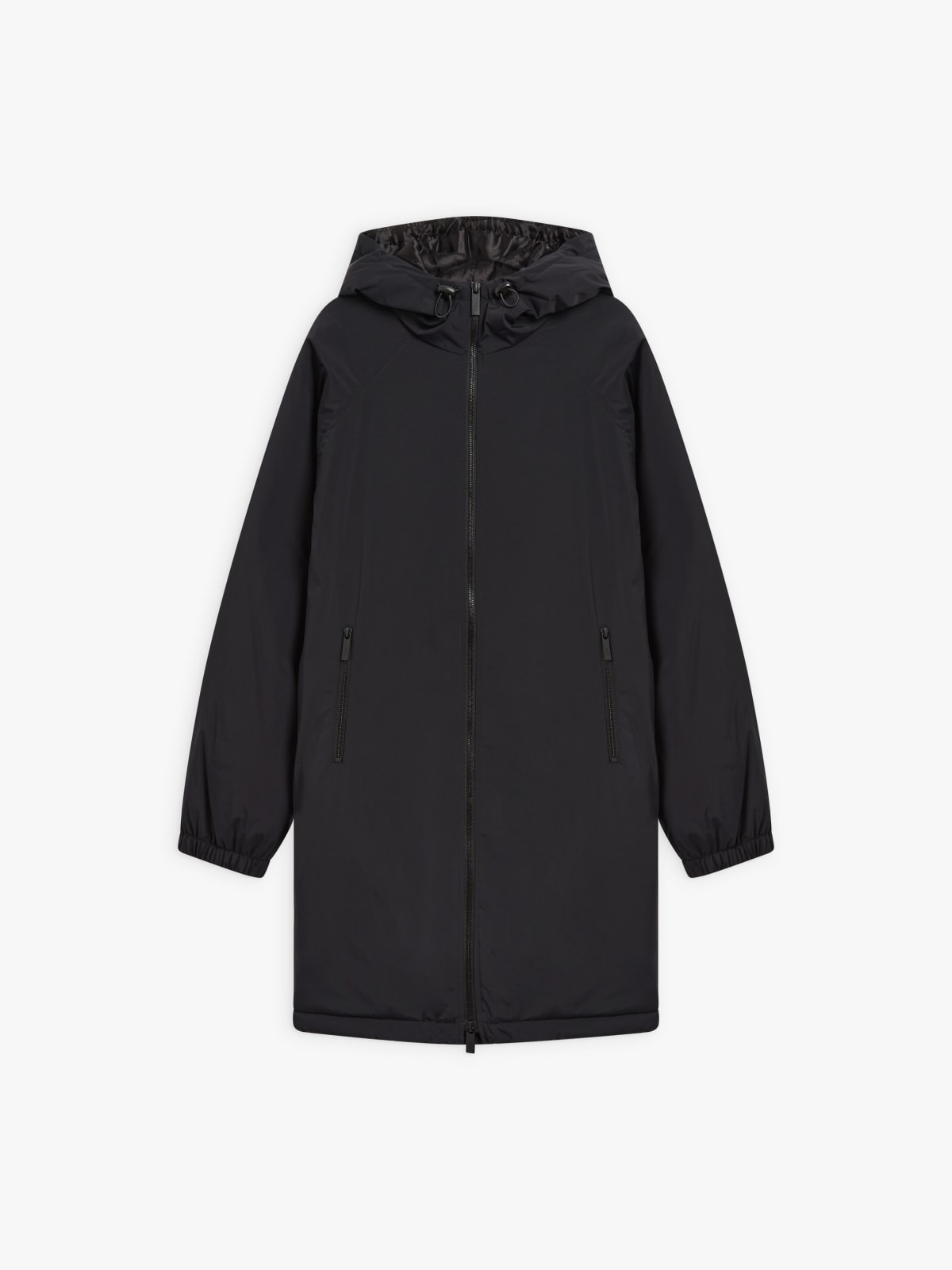 black lined hooded parka