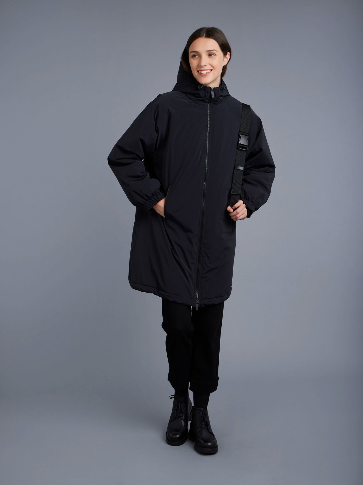 black lined hooded parka