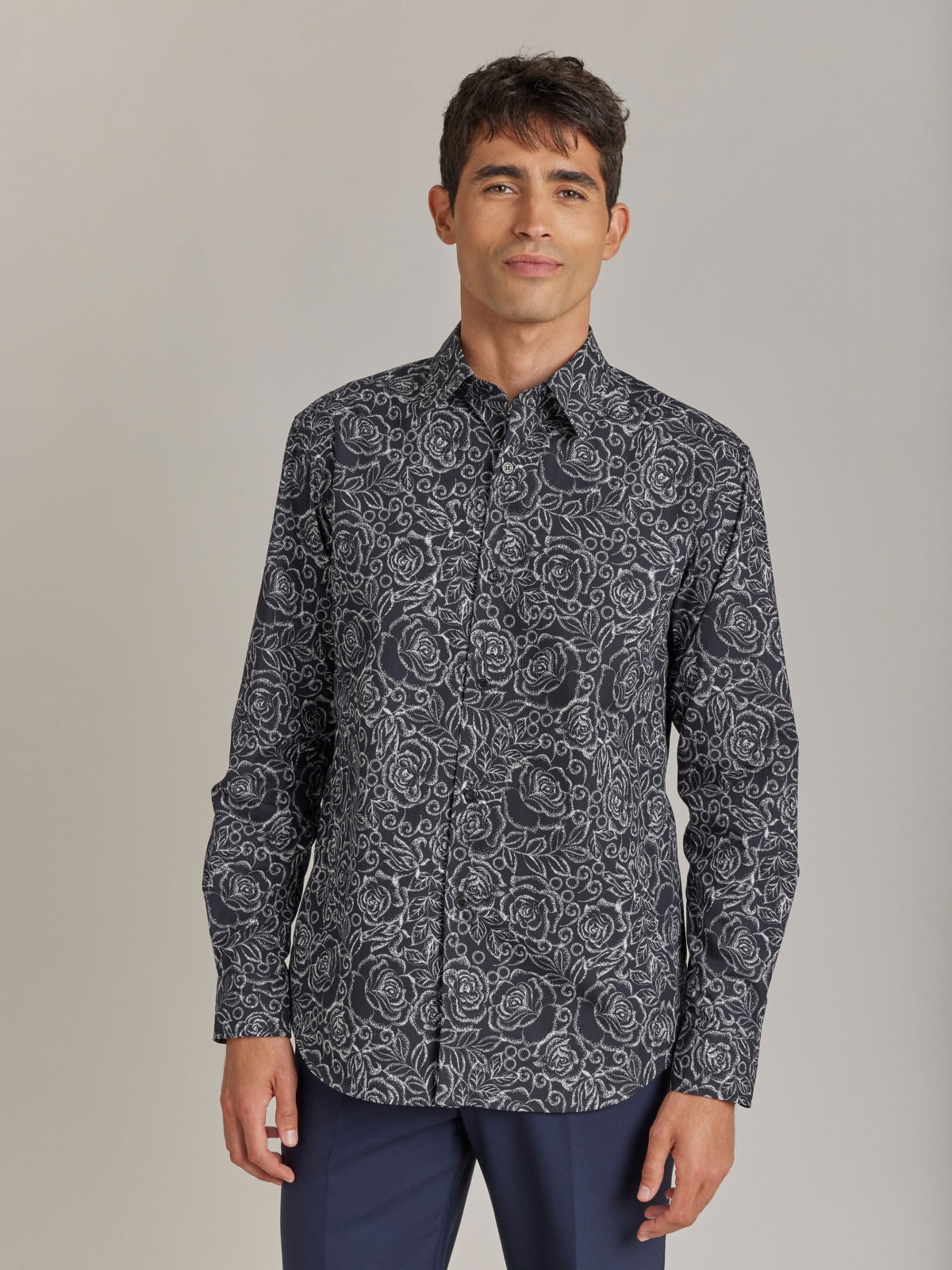 black cotton floral print Thomas shirt