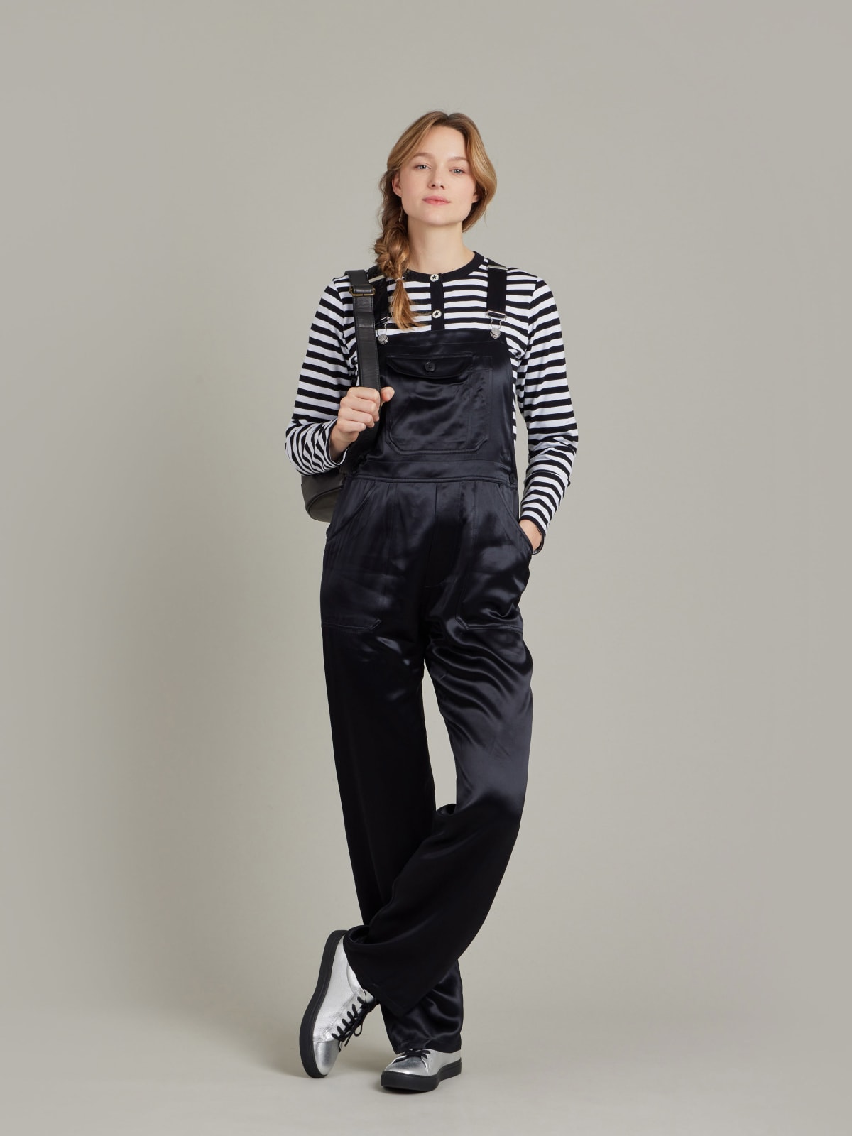 black satin Rue Du Jour dungarees