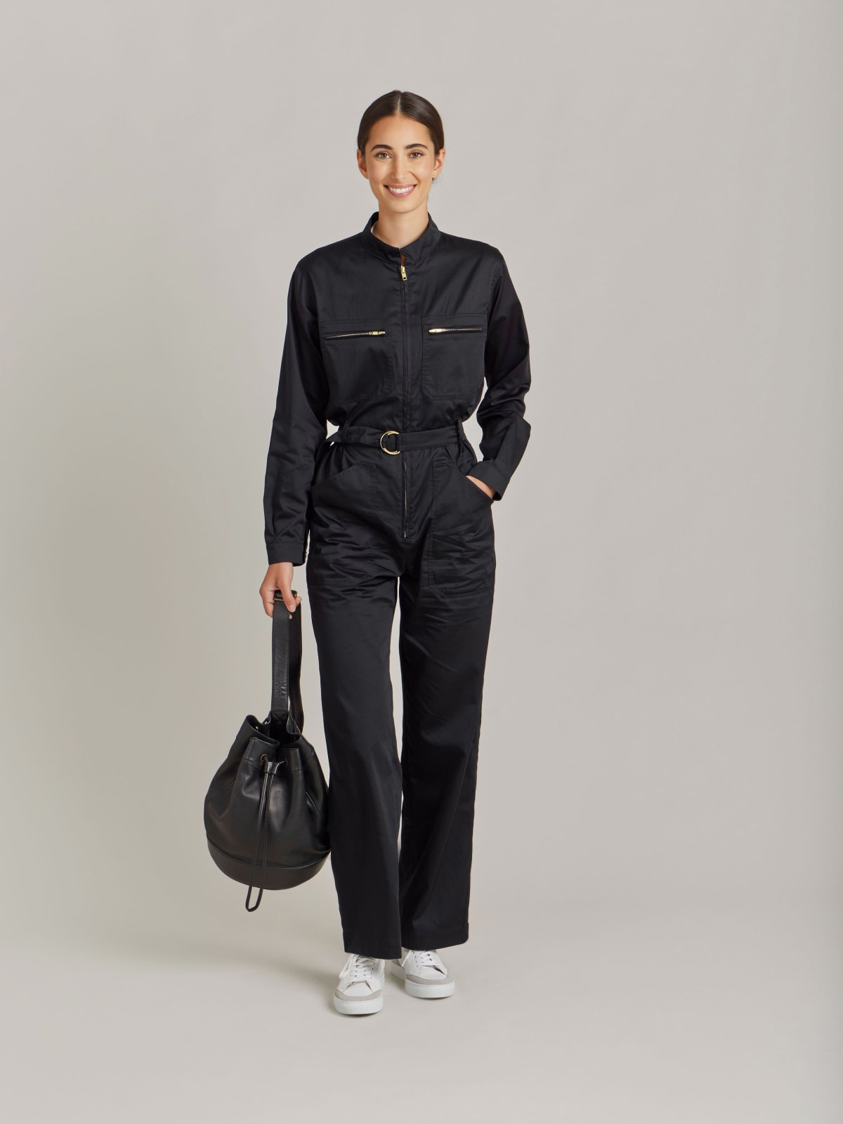 black cotton satin jumpsuit